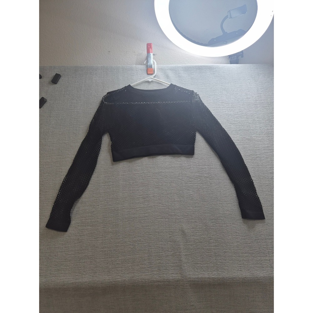 Womens Fishnet Cropped Top Black Open Knit Round Neck Long Sleeve Streetwear